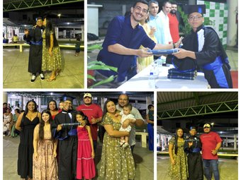 Rennery Guilherme na formatura com a família e com professor da mesa de honra