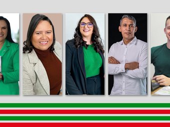 ((Reitora reeleita, Nilra Jane e os diretores-gerais de campi Luciana Leandro (CBV), Vanessa Vasconcelos (CNP), Rodrigo Barros (CAM) e Isaac Sutil (CBVZO